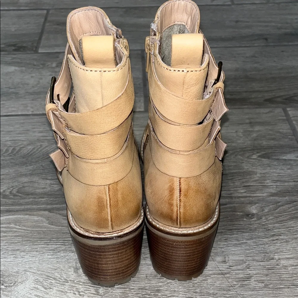 Seychelles Tan Ankle Boots with Triple Buckle Straps and zip closure